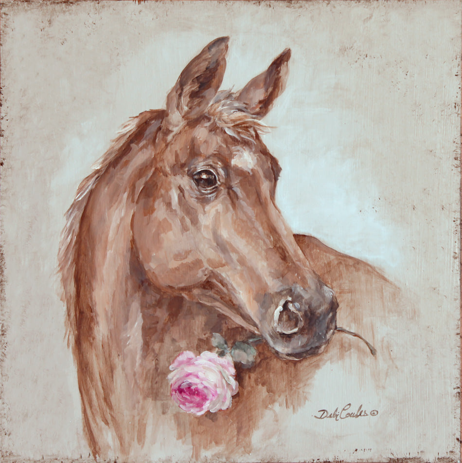 Brown horse with a white mark on it's forehead. Holding a pink rose in it's mouth. Background is a blueish green with lots of distressing around. Painted on wood by Debi Coules