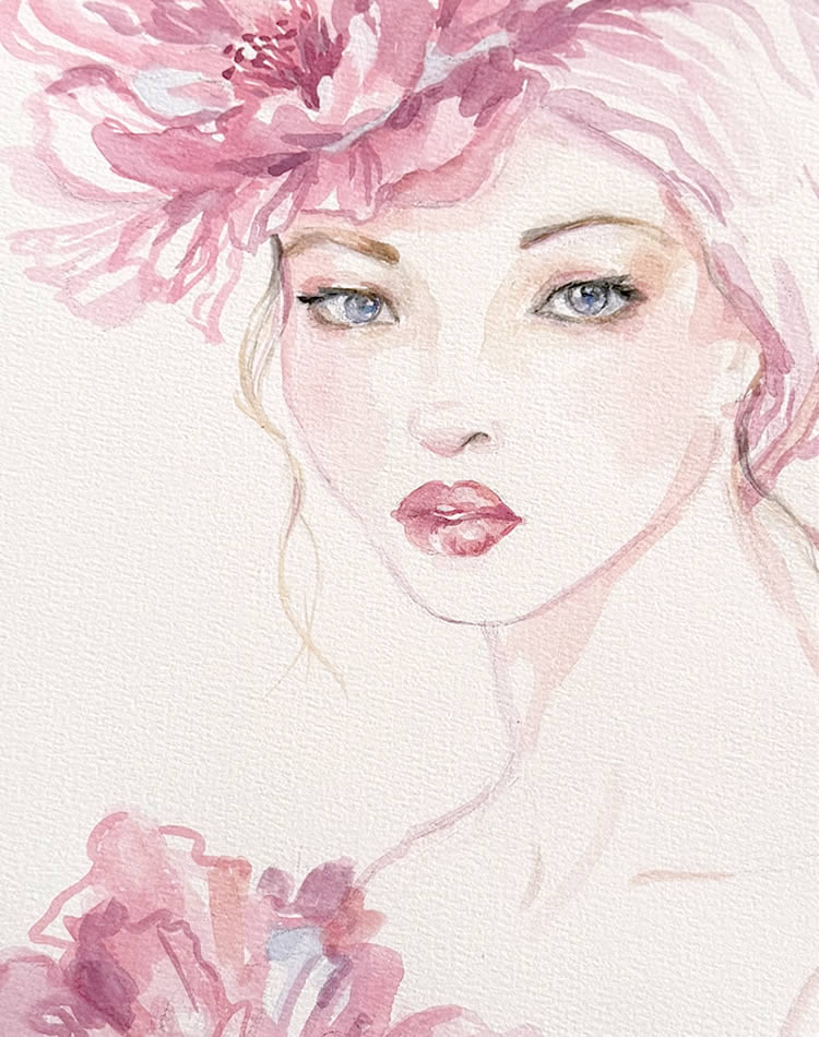 Original watercolor painting of a beautiful French model wearing an extravagant blooming flower headdress