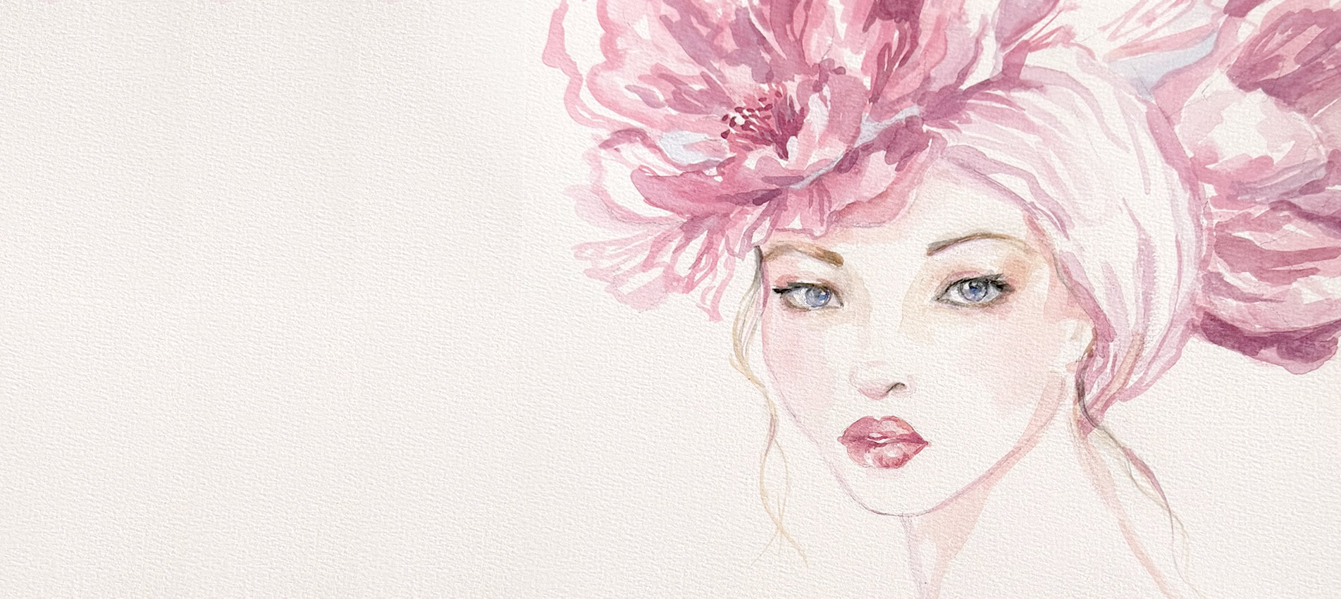 Original watercolor painting of a beautiful French model wearing an extravagant blooming flower headdress