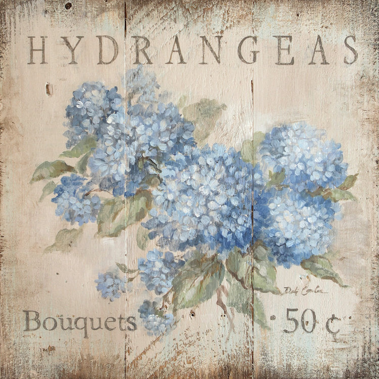 Beautiful Blue Hydrangeas on an antique white, distressed, vintage shabby chic style background. Also works with modern farmhouse. The writing states: Hydrangea bouquets 50 cents. 