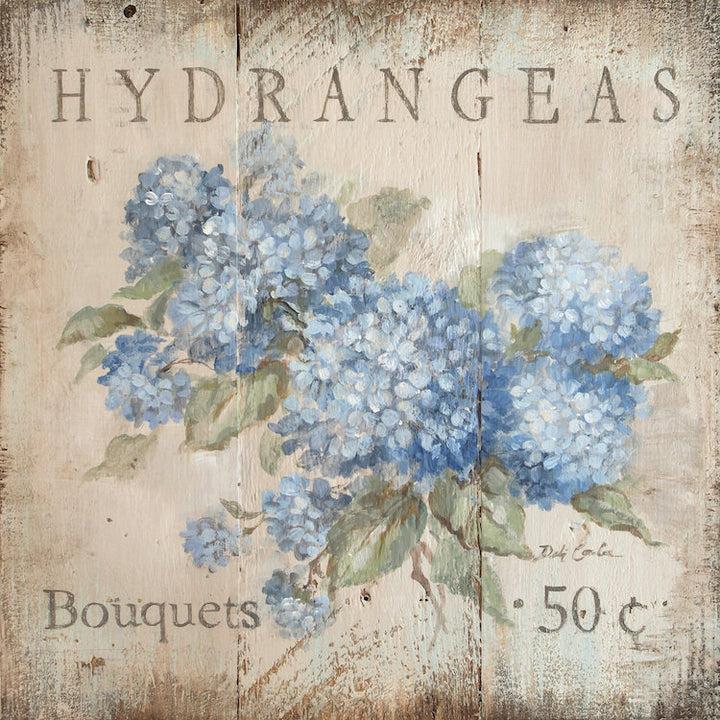 Beautiful Blue Hydrangeas on an antique white, distressed, vintage shabby chic style background. Also works with modern farmhouse. The writing states: Hydrangea bouquets 50 cents. 