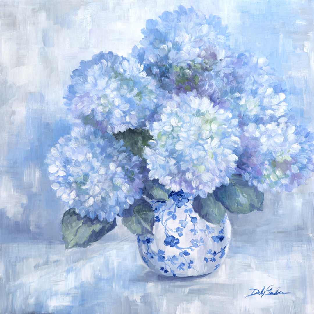 Painting of a vase with blue and white hydrangeas on a light blue background