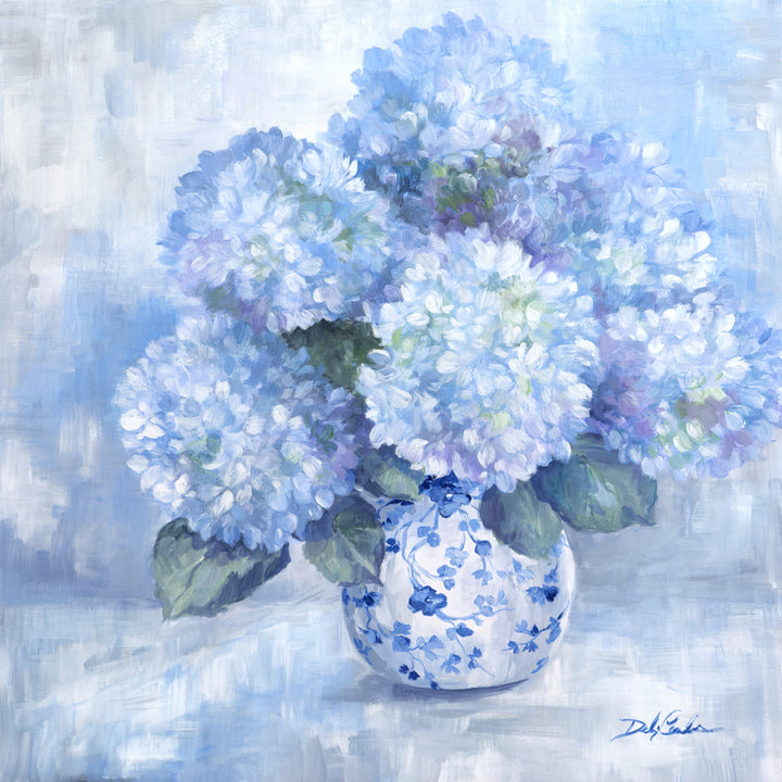 Painting of a vase with blue and white hydrangeas on a light blue background