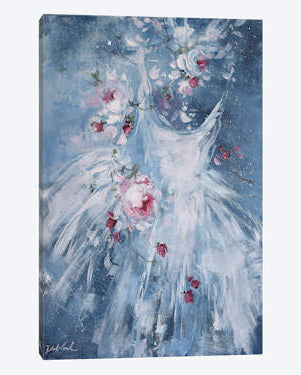 canvas print of a white dress with floral details on a blue background