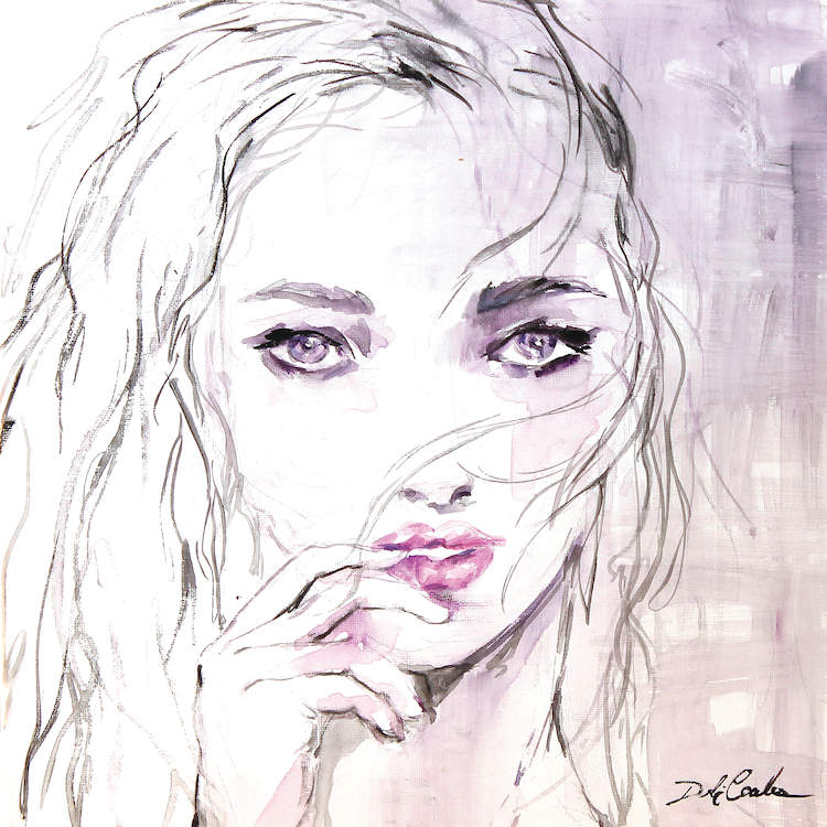 A seductive stare from a gorgeous woman with purple eyes. She playfully chews one fingernail. Whites with back and grey outlines with purple a pink accents. Painting on canvas by Debi Coules