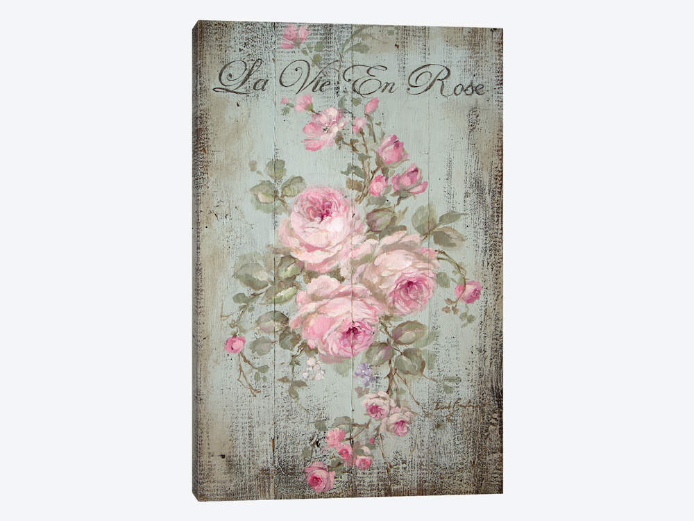 Canvas Print of aShabby-chic cottage sign with pink roses and 'La Vie En Rose' text on a wood textured background