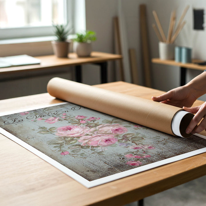 A person rolling up an unstretched canvas print of shabby-chic French cottage sign to place in a cardboard mailing tube.