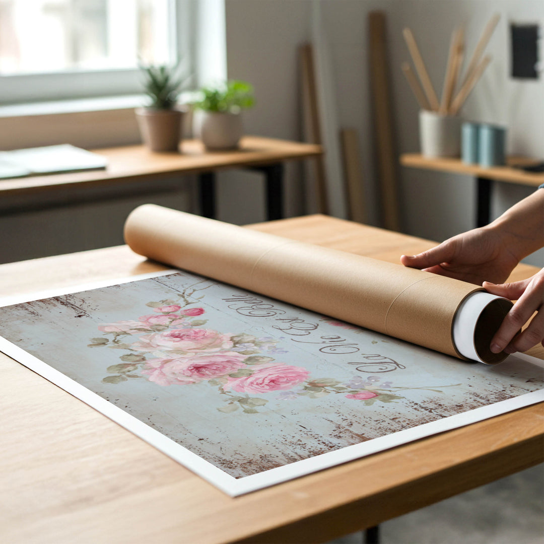 A person rolling up an unstretched canvas print of shabby-chic cottage sign painted with roses to place in a cardboard mailing tube.