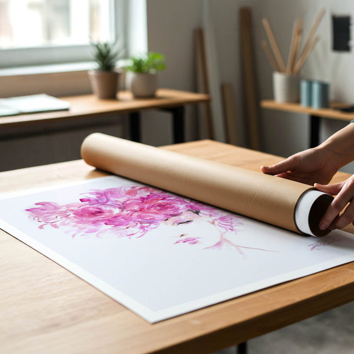 Person rolling a shabby-chic fine art print of a fashion painting to place in a cardboard mailing tube.