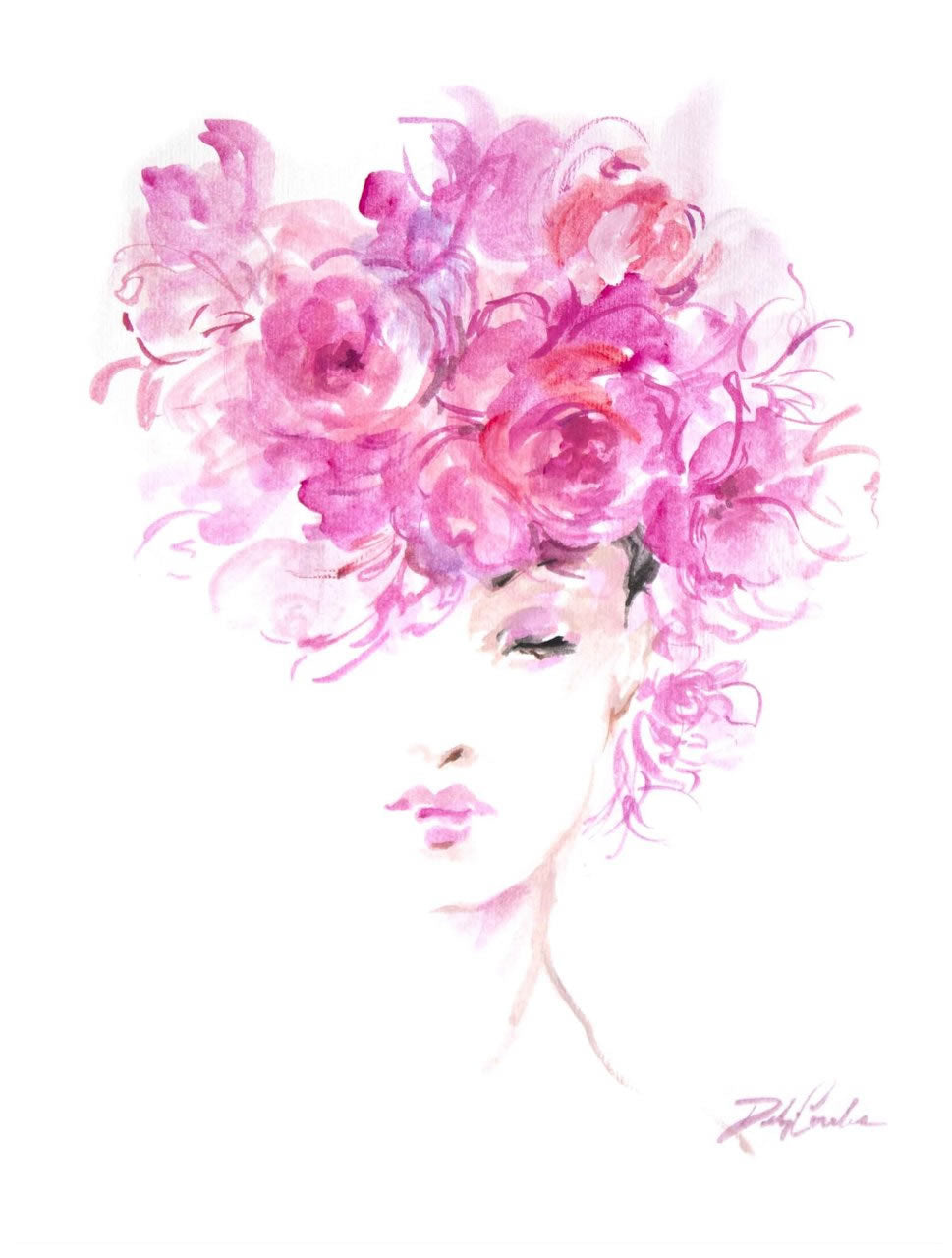A canvas print featuring an artistic rendering of a woman's profile with a pink floral headpiece on a dramatic white background