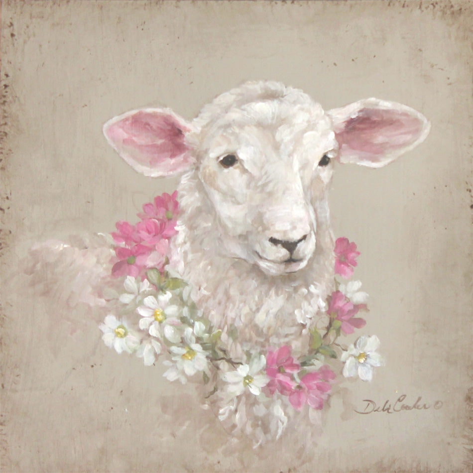 Painting of a lamb with floral wreath on a beige background