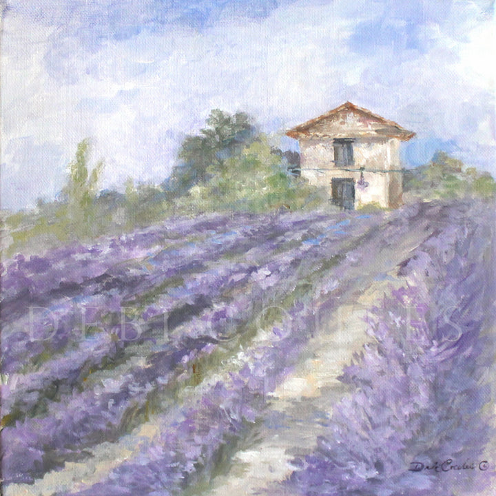 Painting of a provincial French farmhouse surrounded by rows of blooming lavender