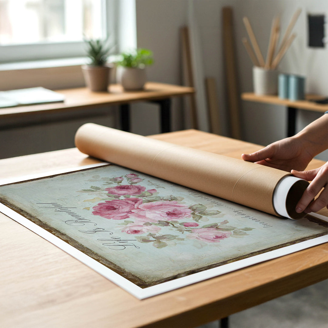 A person rolling up an unstretched canvas print of shabby-chic cottage sign to place in a cardboard mailing tube.
