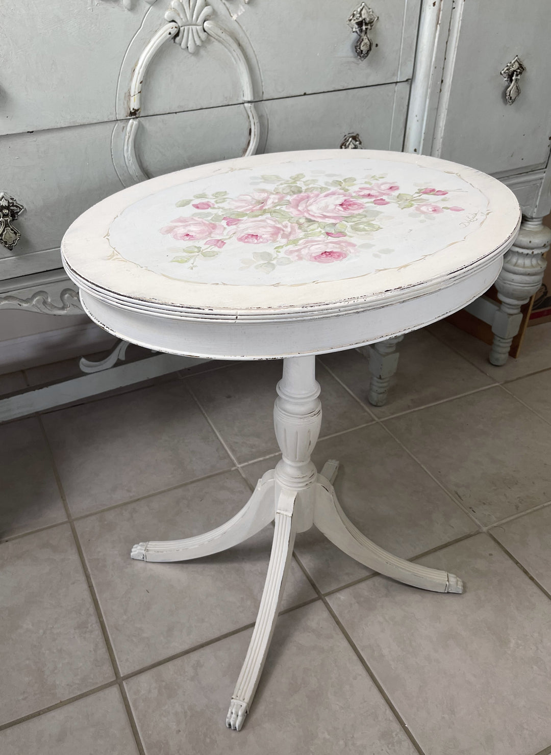 Shabby Chic Antique Hand Painted Roses Table Original  by Debi Coules