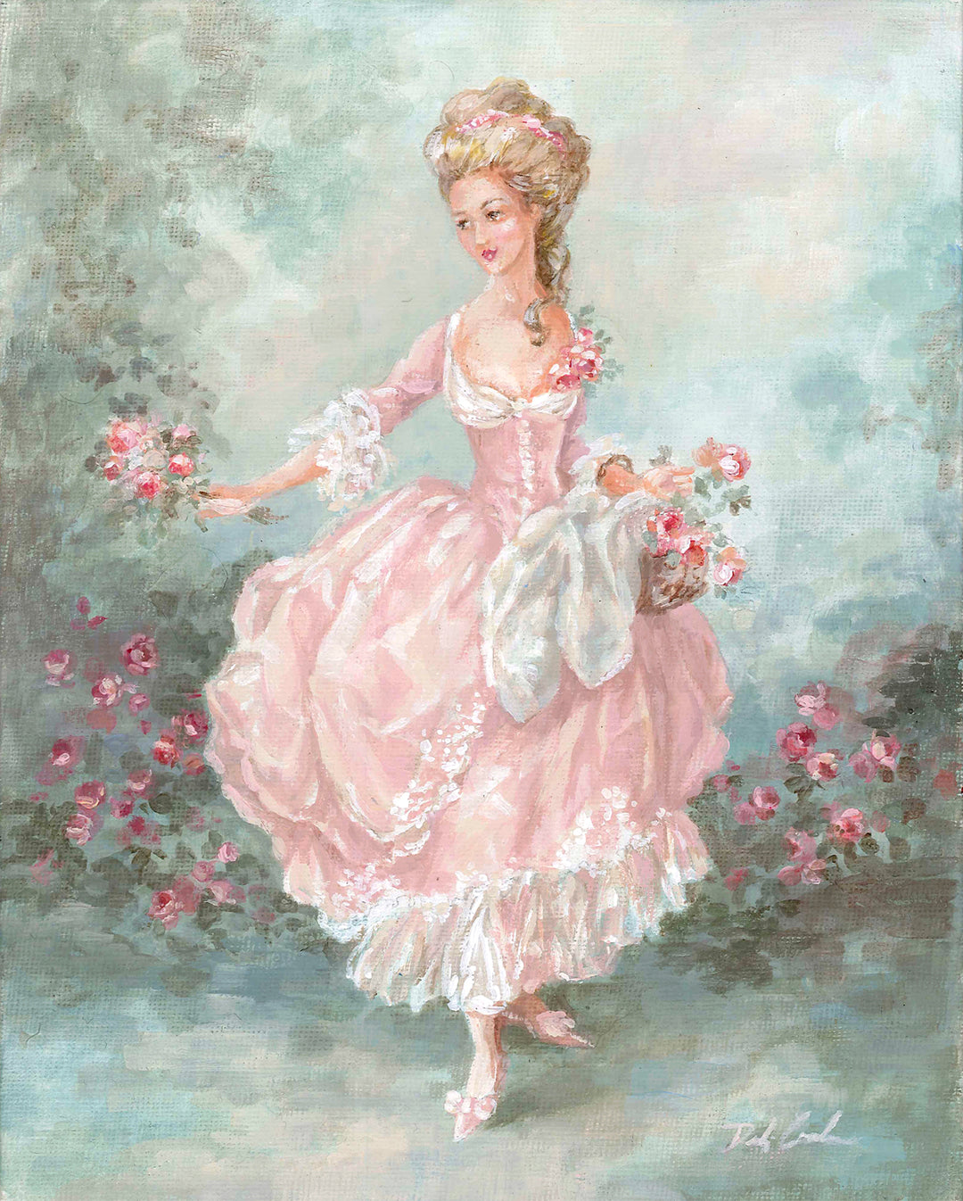 Original artwork inspired by the extravagant rococo fashion of the Marie Antoinette era. A young French maiden in a luxurious pink rococo goal picks wild roses in the countryside estate.