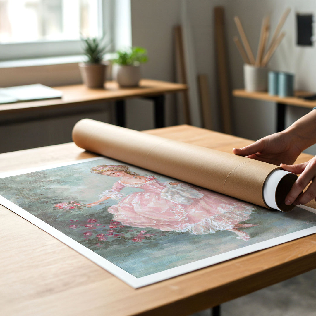 Person rolling up a canvas print of fashion painting featuring a french maiden in rococo fashion to put in a cardboard mailing tube.