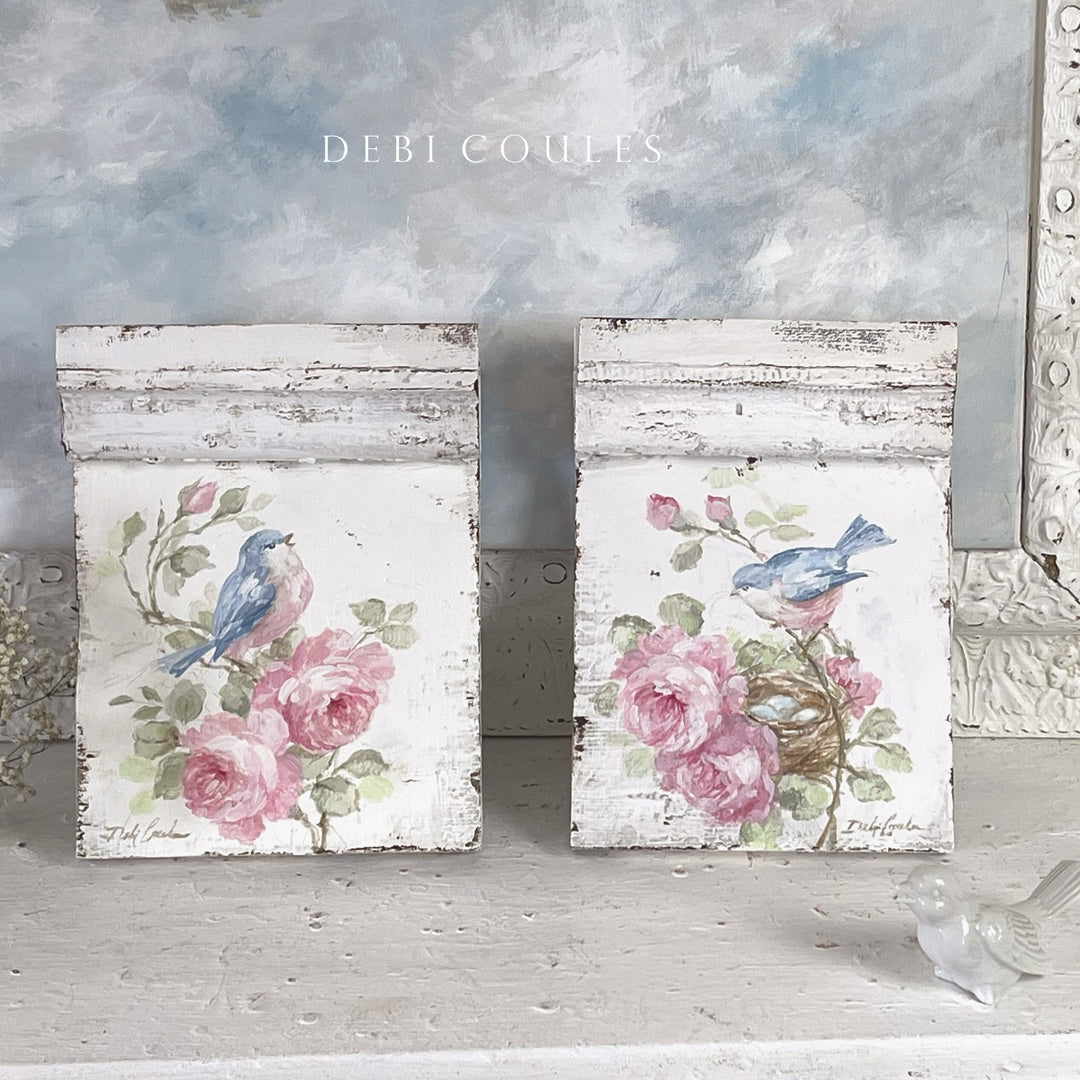 Antique Plinth Block with Hand-Painted Bluebird, Roses – Shabby Chic by Debi Coules
