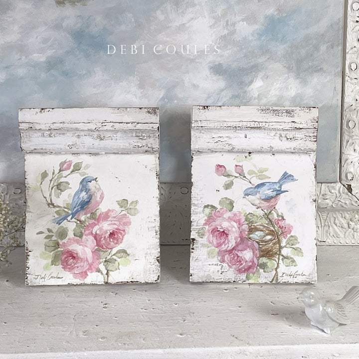 Antique Plinth Block with Hand-Painted Bluebird, Roses – Shabby Chic by Debi Coules