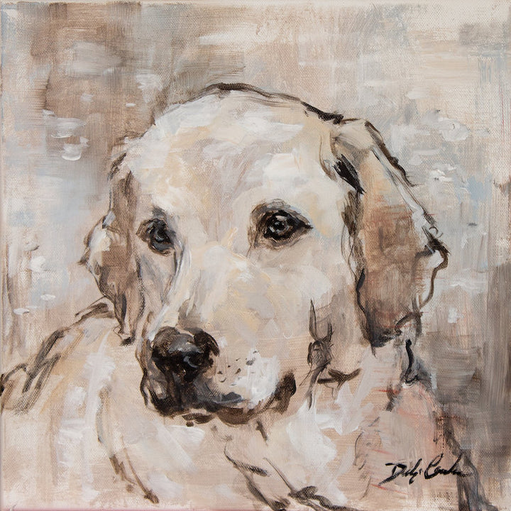 Painting of a dog's face with a textured brown background