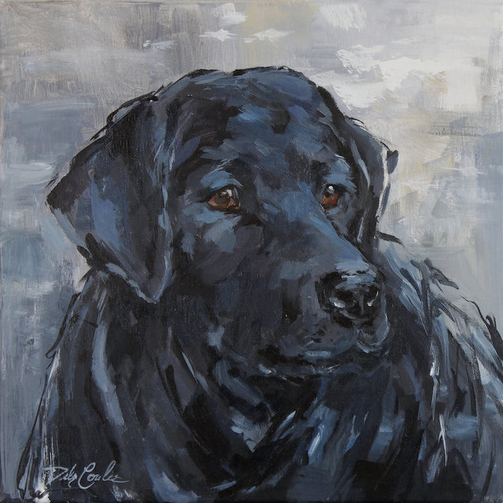 Artistic painting of a black dog with a textured gray background