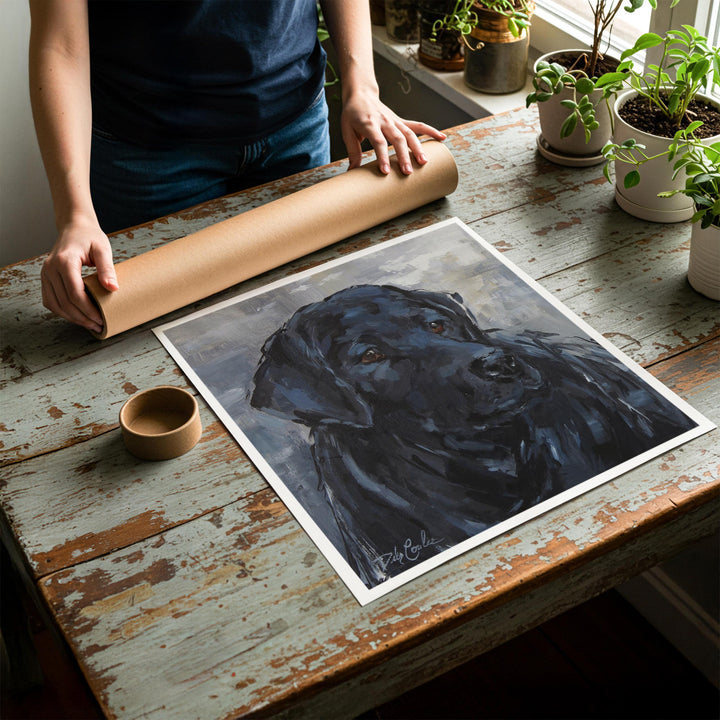 Person rolling up an unstretched canvas print of shabby chic dog artwork to be placed in a cardboard mailing tube