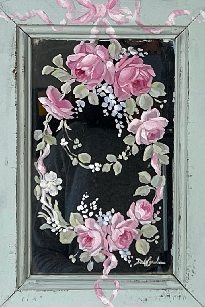 Vintage Wood Framed Mirror with Hand Painted Pink Roses Wreath – Original by Debi Coules