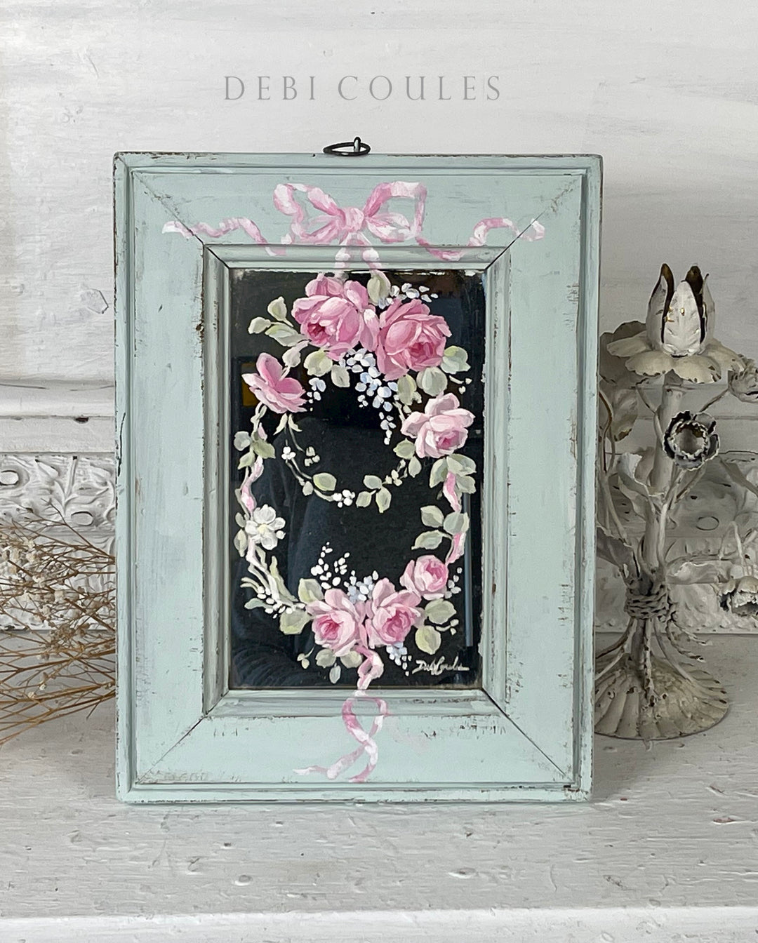 Vintage Wood Framed Mirror with Hand Painted Pink Roses Wreath – Original by Debi Coules