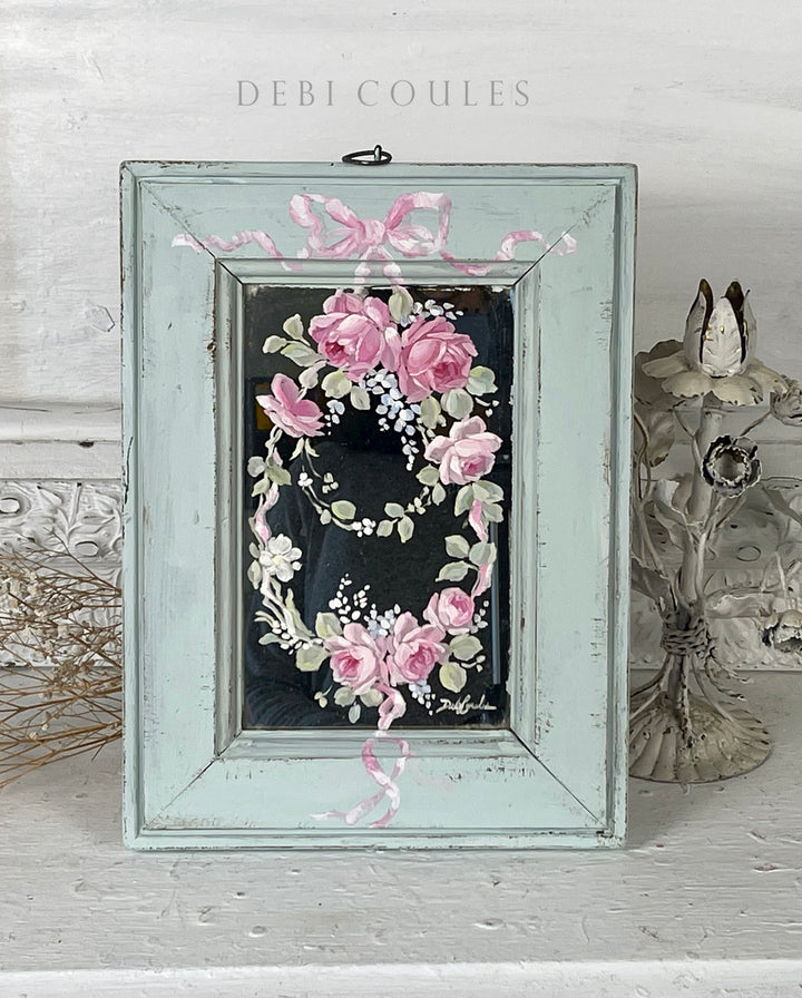 Vintage Wood Framed Mirror with Hand Painted Pink Roses Wreath – Original by Debi Coules