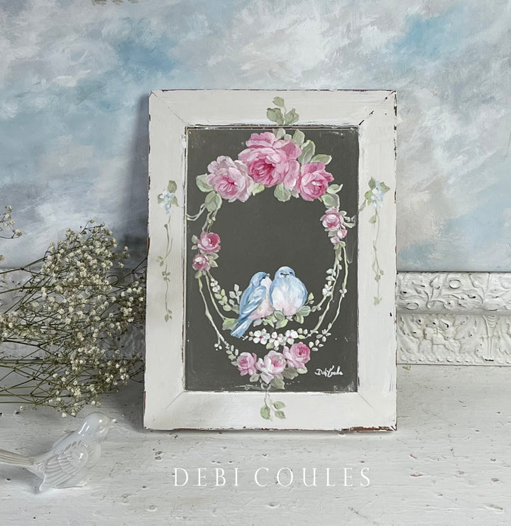 Vintage Wooden Framed Beveled Mirror with Hand-Painted Rose and Bluebirds – Shabby Chic Cottage Charm by Debi Coules