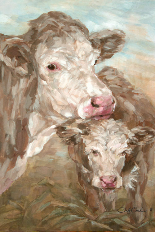 Brown mother cow with her calf taking a moment to look at the camera. Browns and whites, pinks and blacks. Background of green and rusty pasture and blue sky.