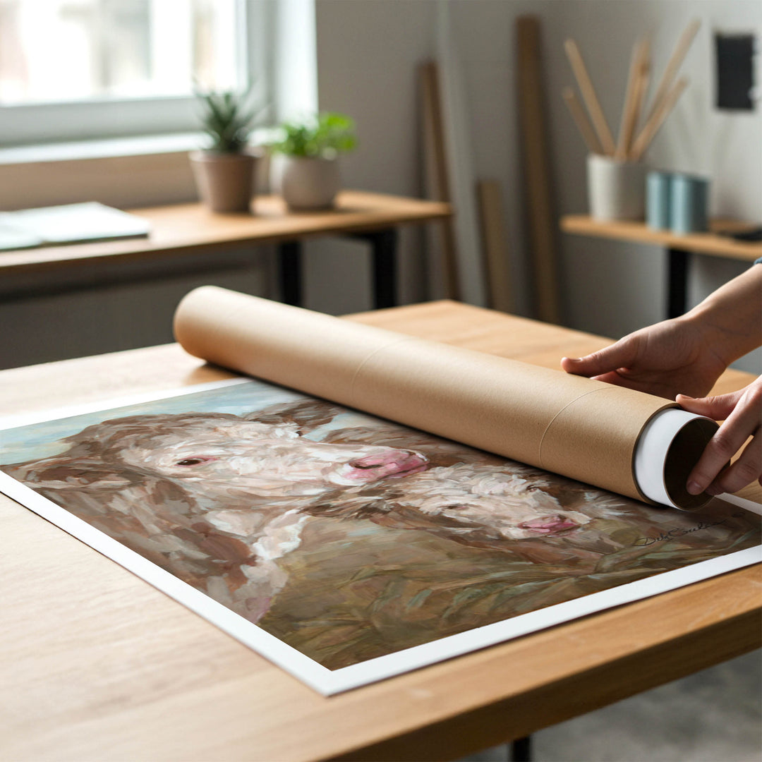A person rolling up an unstretched canvas print of farmhouse cow and calf to place in a cardboard mailing tube.