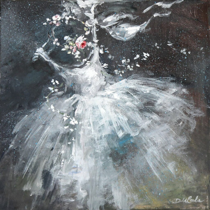 Abstract painting of a flowing white dress and floral elements on a dark starlit background