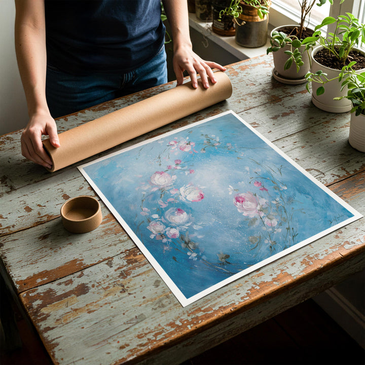 Person rolling up an unstretched canvas print of shabby chic rose artwork to be placed in a cardboard mailing tube