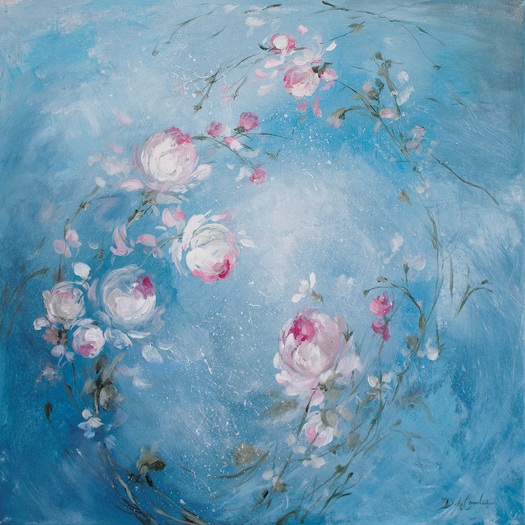 Painting of  sprays of windswept pink roses twirling in a circle against a deep blue background.