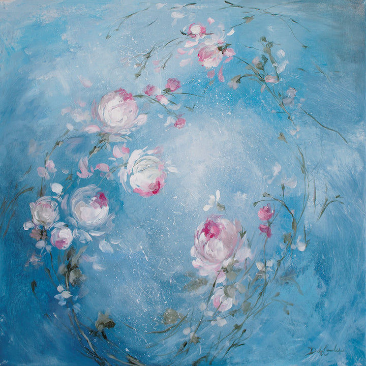 Painting of  sprays of windswept pink roses twirling in a circle against a deep blue background.
