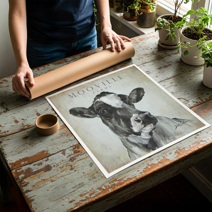 Person rolling up an unstretched canvas print of modern farmhouse cow artwork to be placed in a cardboard mailing tube