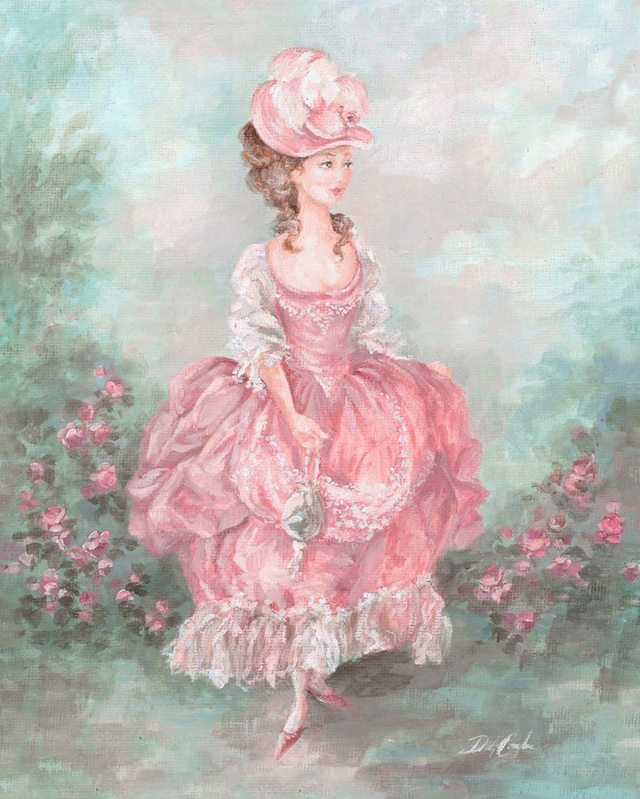 Original artwork inspired by Marie Antoinette's extravagant rococo fashion. A young French woman in a luxurious pink rococo pink gown walking through the rose garden in her countryside estate.