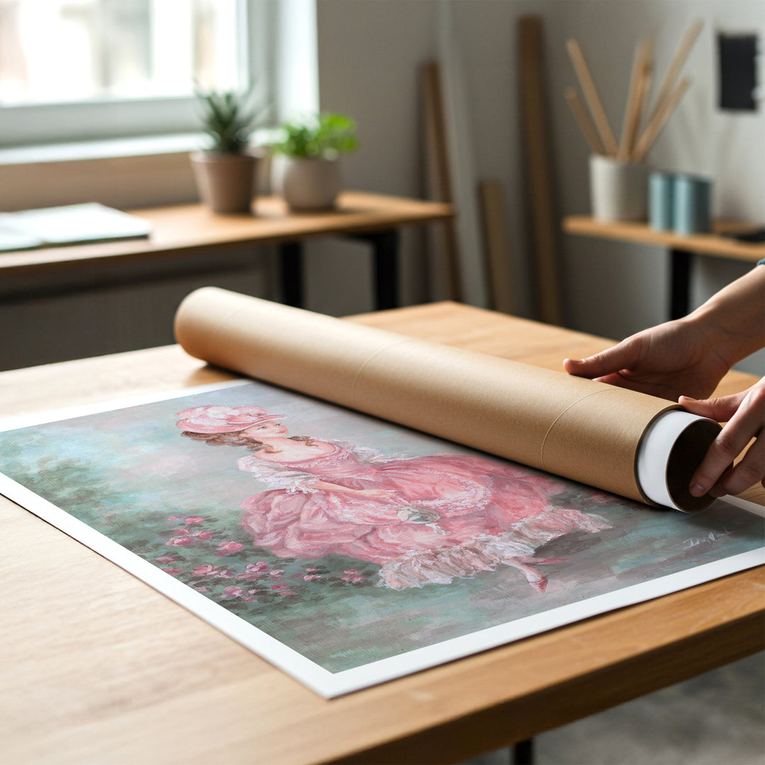 Person rolling up a canvas print of fashion painting of a young French woman wearing a pink rococo dress to put in a cardboard mailing tube.