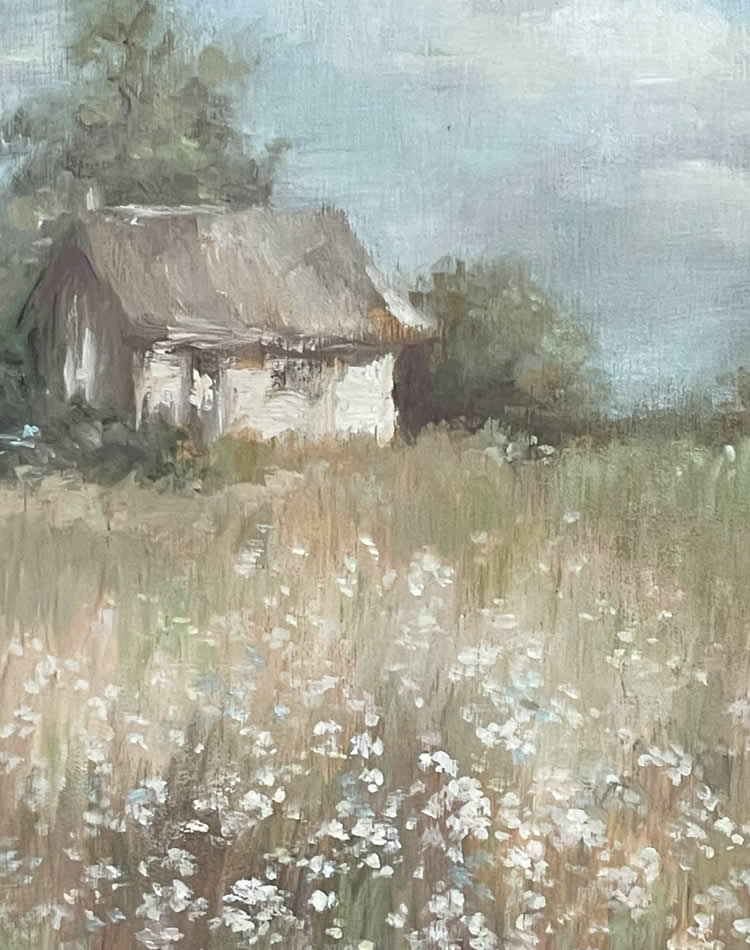 Oil painting of a pastoral cottage in the English Country Landscape