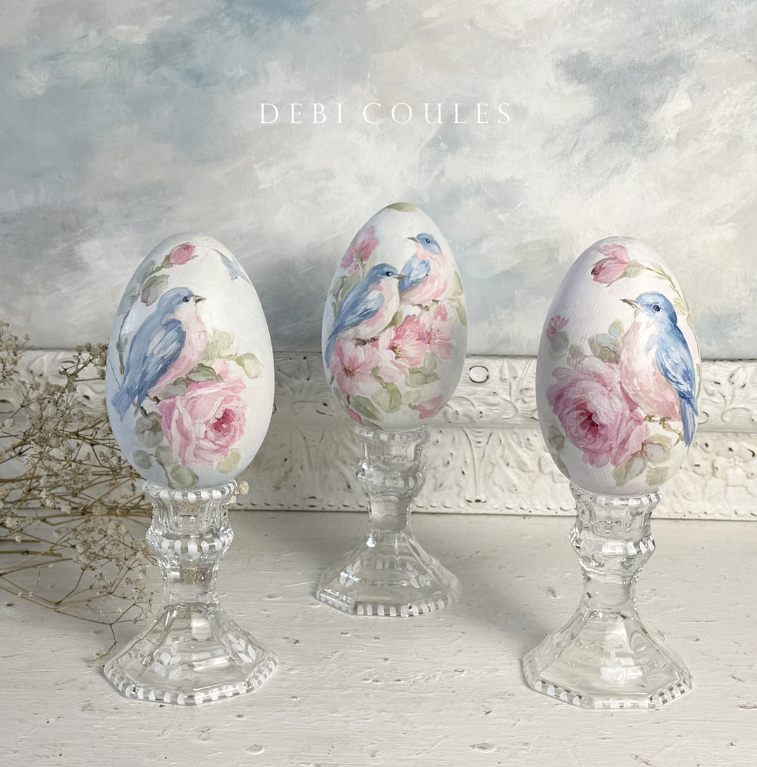 Shabby Chic Hand-Painted Bluebird and Roses Large Wood Easter Egg on Glass Stand – Original by Debi Coules