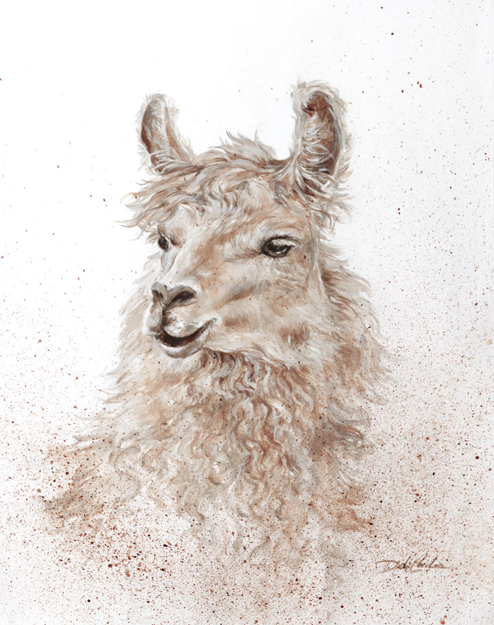 Artistic depiction of a llama on a paint-spattered white background