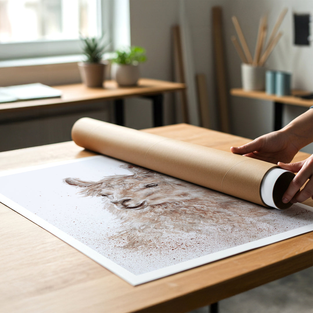 Person rolling up a canvas print of modern farmhouse painting of a llama to put in a cardboard mailing tube.