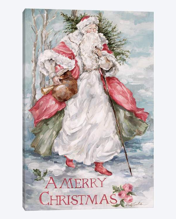 Canvas print of a vintage-style Santa Claus arriving Christmas morning through the snow. 