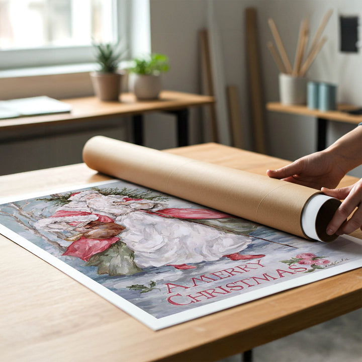 A person rolling up an unstretched canvas print of vintage Santa painting to place in a cardboard mailing tube.