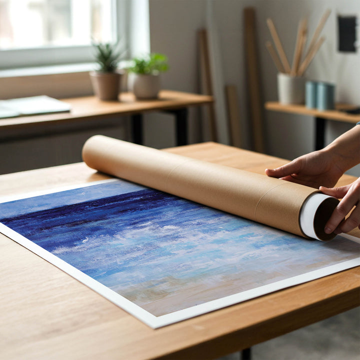 Person rolling a shabby-chic fine art print of a coastal beach painting to place in a cardboard mailing tube.