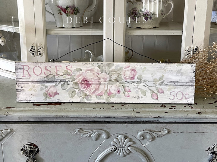 Shabby Chic Vintage Wooden Sign Print with Pink Roses and wire hanger by Debi Coules