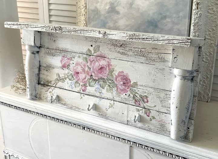 Shabby Chic Rustic Beauty Wood Hand Painted Roses Large Wall Shelf With Hooks Original By Debi Coules
