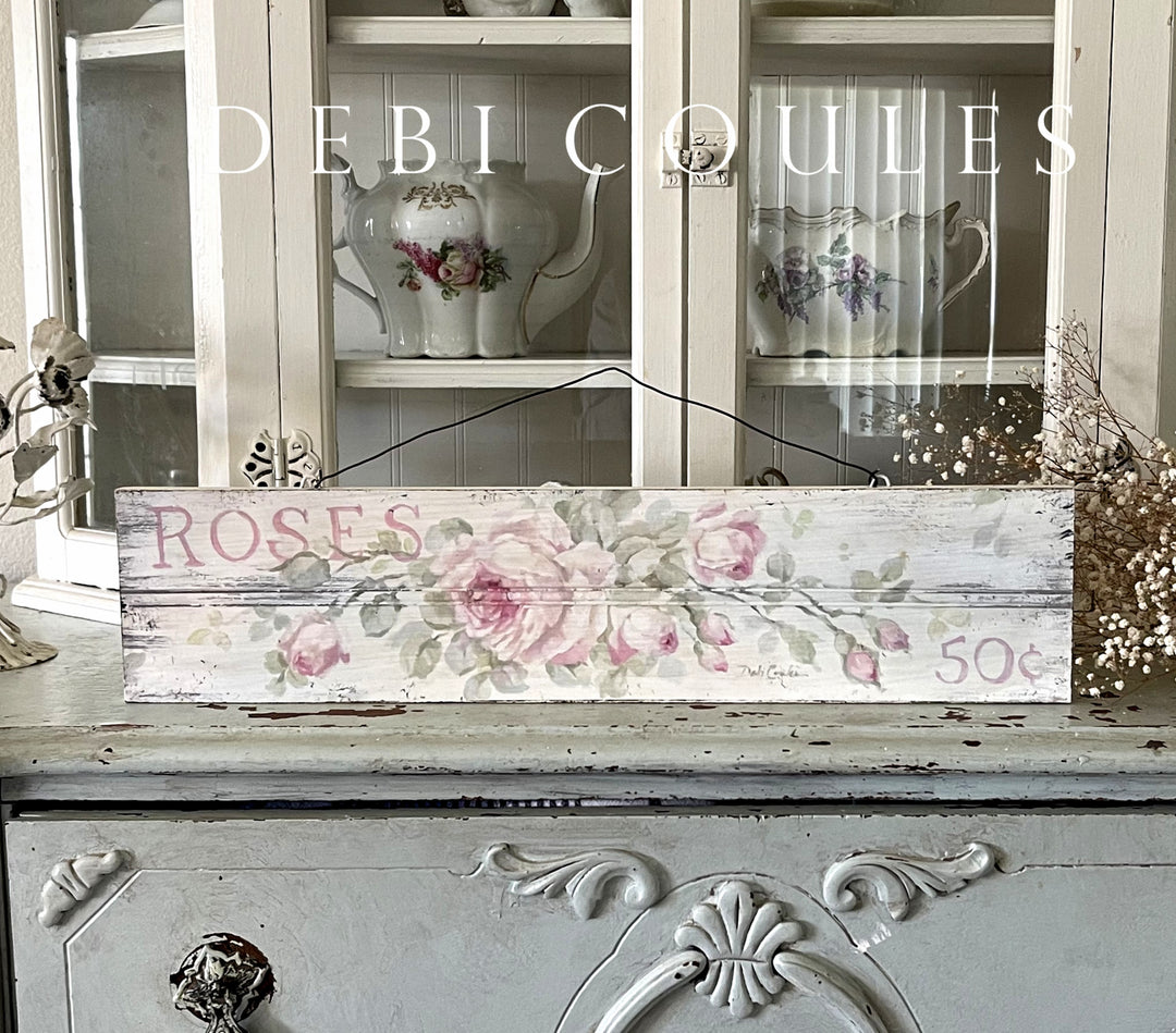 Shabby Chic Vintage Wooden Sign Print with Pink Roses and wire hanger by Debi Coules