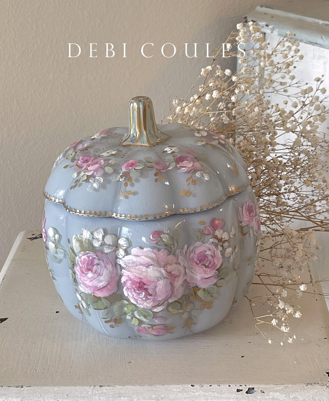 Shabby Chic Vintage Glass Hand Painted Roses Pumpkin by Debi Coules