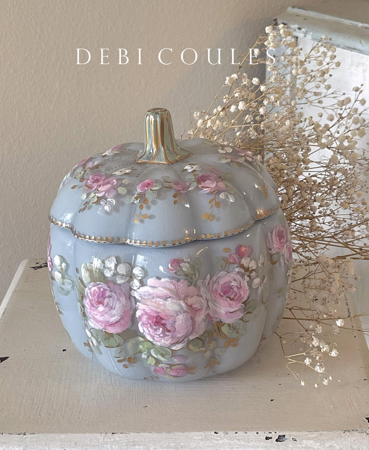 Shabby Chic Vintage Glass Hand Painted Roses Pumpkin by Debi Coules